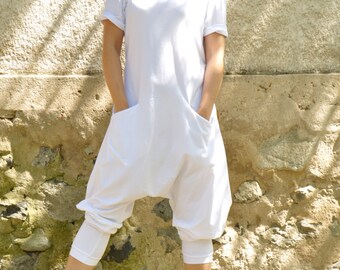 White Harem jersey Jumpsuit/Women casual jumpsuit/Loose jumpsuit/White romper/Oversize White jumpsuit/Plus size jumpsuit/Two pockets/G1481