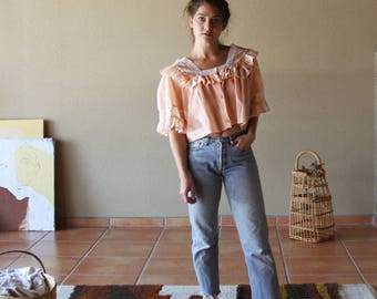 Vintage Pastel Ruffled Crop Top | 70s Boho Lingerie Top