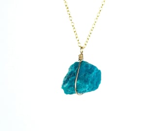 Chrysocolla necklace - mineral necklace - turquoise stone necklace - a raw chrysocolla wire wrapped onto a 14k gold vermeil chain
