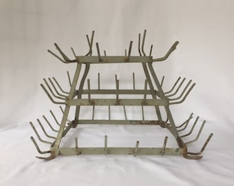 vintage French square bottle drying rack, Paris bistro herisson, in the rustic kitchen, restaurant, cafe or coffee shop countertop mug decor