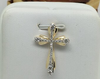 14K Two-Tone Gold Natural Genuine Diamond Cross Pendant