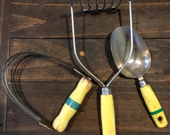Lot of 3 Vintage Yellow Kitchen Utensils