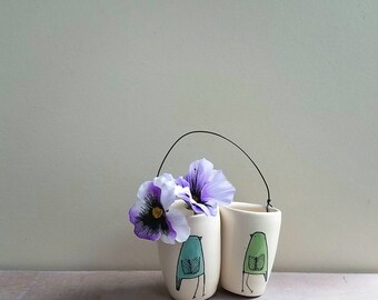 Spring bird vase, small blue and green flower bud vase, hanging wall flower vase, spring baby nursery decor