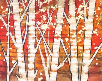 Autumn Tree alcohol ink art by Yolanda Koh, red, gold, yellow, orange, green, blue, brown, tree art, 8" x 8"