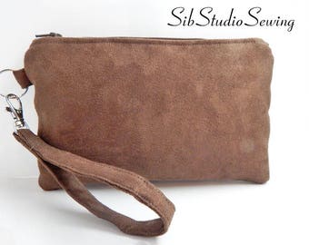 Brown Suede Clutch, 9 x 5.5 inches,Fits iPhone 8 Plus, 7 Plus, & 6 Plus, Smartphones up to 7 " Length, Interior Pockets, Smartphone Clutch
