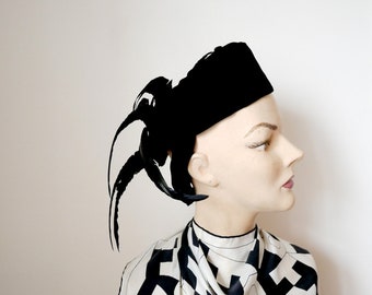 1940s Black Velvet Tilt Hat with Feathers