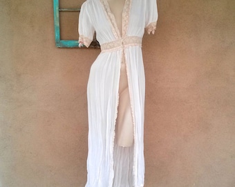 Vintage 1940s Silk Robe Wrapper Peach Chiffon 40s Dressing Gown B36 W26 US6
