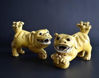 Vintage Pair of Chinese Mustard Yellow Glaze Foo Dogs Antique Foo Dog Statues Foo Dog Pottery Figures