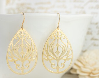 Large Gold Boho Earrings, Gold Filigree Earrings, Gold Earrings, Large Gold Earrings, Gold Dangle Earrings