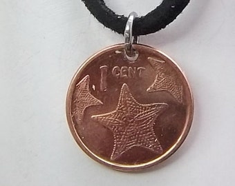 Starfish Coin Necklace, Bahamas, 1 Cent, Coin Pendant, Leather Cord, Men's Necklace, Women's Necklace, 2009