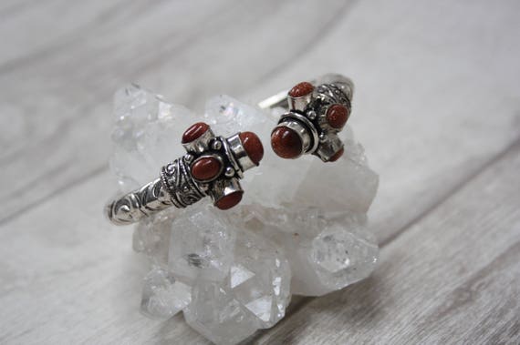 VINTAGE SANDSTONE CUFF -Silver Bracelet- Healing Crystal Jewellery- Statement bracelet- Boho- Antique- Costume Jewelry- Bangle- Arm Cuff