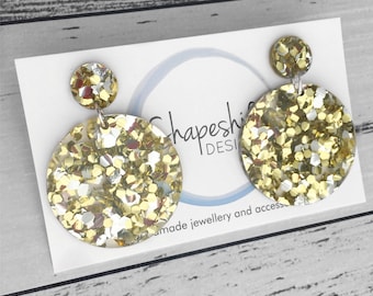 Chunky Silver & Gold Glitter Acrylic Earrings - Circle Drop Earrings