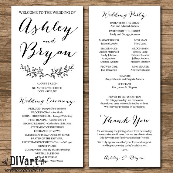 PRINTABLE 4x9 Wedding Program double-sided simple