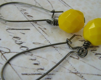 Lemon Earrings, Yellow Earrings, Lemon Yellow Glass Earrings, Yellow Opaque Czech Glass Wire Wrapped Earrings, Summer Earrings