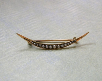 Antique Victorian 14K Gold Seed Pearl Crescent Moon Brooch Pin, Old Seed Pearl Pin Brooch, Conversion Jewelry, Wedding Jewelry (#3108)