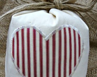 Cotton DoorStop With Red & Cream Ticking Striped Heart - Unfilled