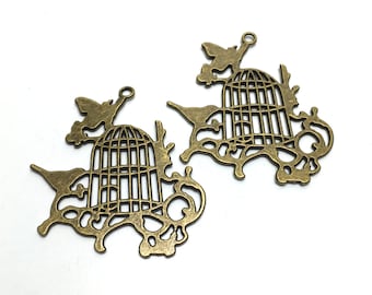 2 bird and cage charm bronze tone 55mm #CH295