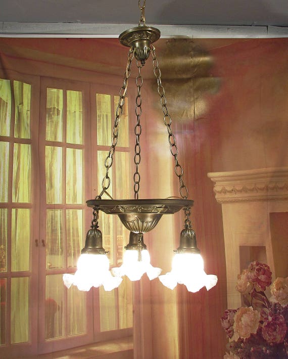Antique Vintage Chandelier Pan 3 Lt Fixture Glass Shades