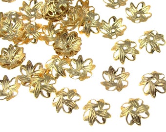 72 Gold Bead Caps 9mm Petal Bright Gold Beadcaps Gold Plated Findings Jewelry Bead Caps (FS44)