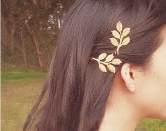 2 Styles/ Vintage Gold Metal Leaf Branch hair pins clips/Bronze clamp barrette/Women Hair Clips