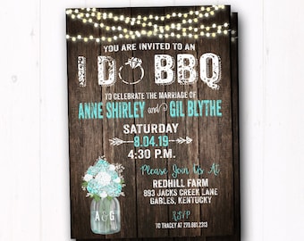 Teal I Do BBQ Invitation - Rustic Hydrangea - Couples Wedding Shower Invite - Barn Wood - String Lights - Country Farm Wedding - Flower Jar