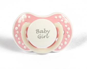 DDLG Adult baby pacifier. ABDL pacifier with the words baby girl. Glow in the dark adult dummy in baby pink and white - nuk 3