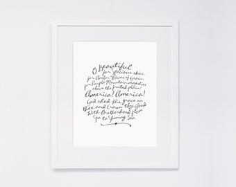 O Beautiful for Spacious Skies (America, the Beautiful) | 8x10" Calligraphy Print, Patriotic Art Print, Patriotic Decor, Home Decor