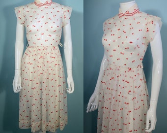 Vintage 50 Sheer Dress Peter Pan Collar + Red Hearts, Fitted 25" Waist Cap Sleeve Summer Frock S