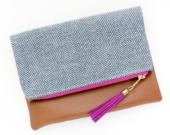 Boho Tassel Clutch in Navy Herringbone Print and Tan Vegan Leather and Gold zipper close