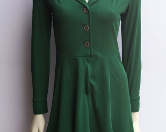 SALE Adorable Emerald Green 70's Vintage Fit and Flare Wing Collar Mini Dress