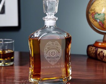 Police Badge Personalized Whiskey Decanter - Police Officer Gifts for Graduation or Retirement - Cool Gifts for Men Brother Dad
