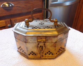 Solid Brass Collectable Jewerly Etc Box Cricket Box Trinket Box Octagonal Shape With Hinged Lid 1980s