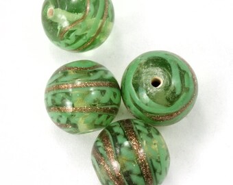 14mm Peridot/Gold Swirl Lampwork Bead (4 Pcs) #3147