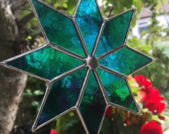Stained Glass Suncatcher Teal Blue Colour Art Star Stain Glass Color - CRhodesGlassArt