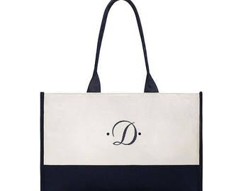 READY TO SHIP - Personalized Beach Bag - Tote Bag - Canvas Tote Bag - Script Initial - Letter D - Navy Tote Bag - Beach Tote Bag - Gift
