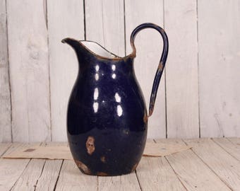 Enamelware jug, French enamelware jug, Pitcher enamel jug, Water enamel jug, Antique enamel jug, Large enamel pitcher, Blue enamel jug