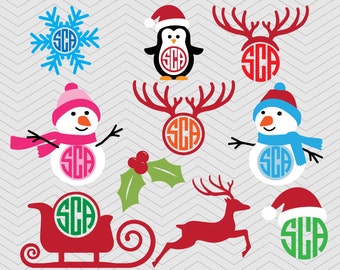 Christmas Monogram set DXF SVG PNG Snowman anlter snowflake sleigh pinguine winter, Silhouette studio, Cricut Design, Sure Cuts, Makes Cut