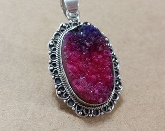 Magenta Pink to Dark Purple Blended Agate Druzy - Drusy - Solid .925 Sterling Silver Pendant Necklace Focal