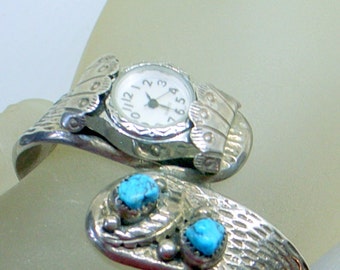 Vintage Navajo Turquoise Watch Bracelet - Solid Sterling Silver - Cuff - Runs Fine - Blue Mountain - Heavy Silver - Lovely - 6.5+ SALE