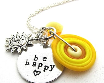 Be Happy, Sunny Yellow Handstamped Boho Charm Necklace, Pewter Pendant with Handmade Lampwork Disc Bead