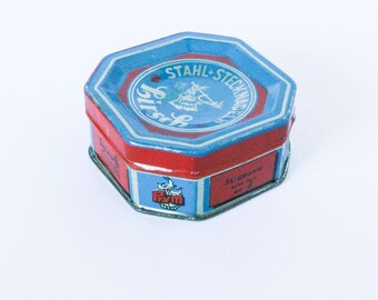 Vintage steel pins, Hirsch brand - German 50s 60s fixing pin needle box by Prym - Sewing needles accessory blue and red tin case