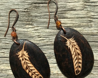 Hawk feathers,moon,wooden,copper,earrings,pyrography,bird,jewelry,carnelian,handmade,wearable art,eco fashion,boho style,woodland,fashion