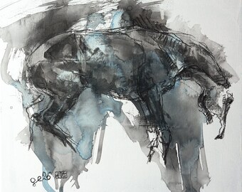 Horse Art, Animal, Modern & Contemporary Original Fine Art, Watercolor, Acrylic and Black Chalk Painting of a Horse
