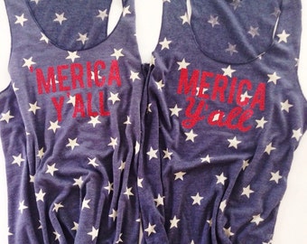 Merica Yall Tank Top //Stars Tank Top // American Flag Clothing Red Glitter Merica Tank Top Stars and Stripes