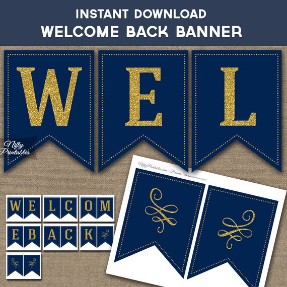 Welcome Back Banner Printable Navy Blue & Gold Glitter