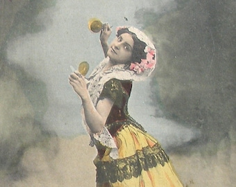 1900s postcard, Edwardian dancer with castanets, RPPC Real photo postcard, paper ephemera.