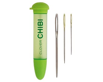 3 Clover Yarn Needles in a Green Screw top Carry Tube, CHIBI Needles, Steel Darning Needles. Silver Steel Darning Needles, Metal Tapestry