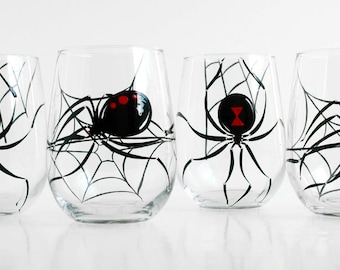 Black Widow Spider Stemless Wine Glasses - Set of 4 Hand Painted Halloween Glasses