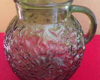Anchor Hocking Glass Avacado Green Lido Milano 96 ounce Ball Pitcher with Ice Lip