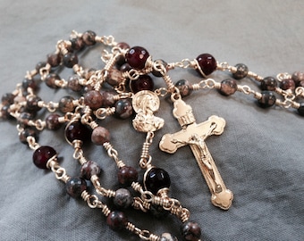 Small Leopard Stone and Cherry Qartz Vintage Style Yellow Brass Wire Wrapped Rosary